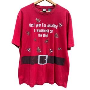 Santa Claus Vintage Windshield on sled flies 3-D Dec. 25 red t-shirt Size Large